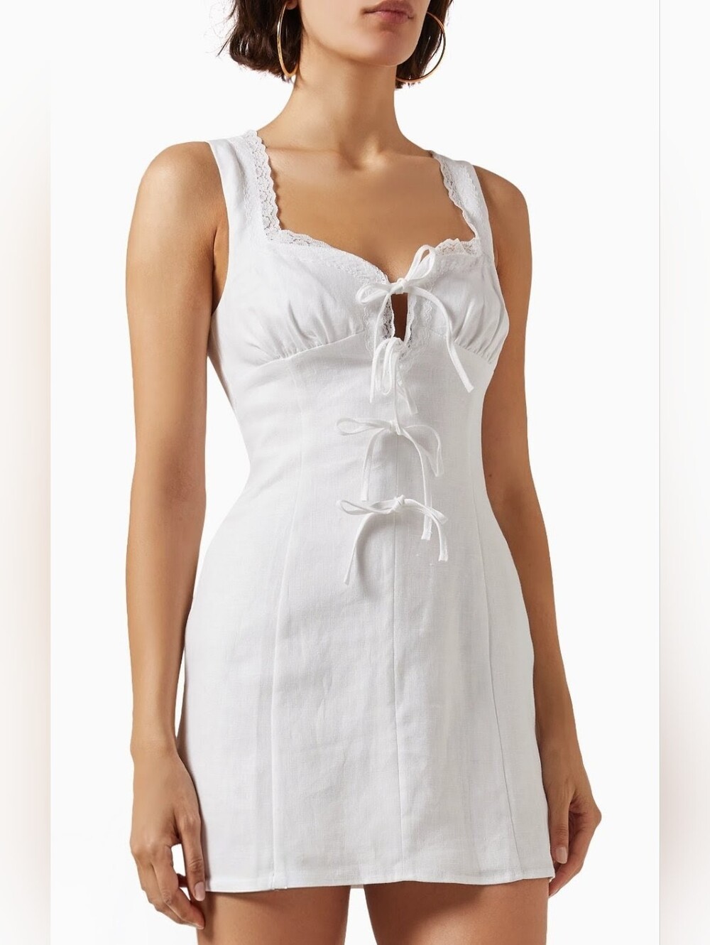 Reformation Reia White Lace-Trim Tie-Front Mini Dress